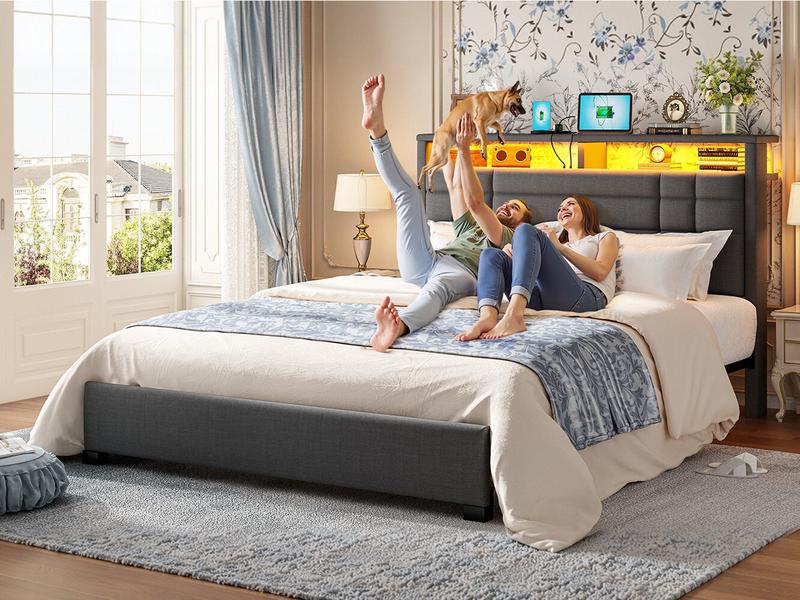 【Teen Size Bed】Raybee Luxury Bed Frames with Headboard & 2 Storage Shelves, Upholstered Bed Frame with LED & USB Ports for Full Queen King, Modern Bedroom Furniture, No Mattress, No Noise, Metal Slats Holds up to 880lbs[BlackFridayCyberMonday]