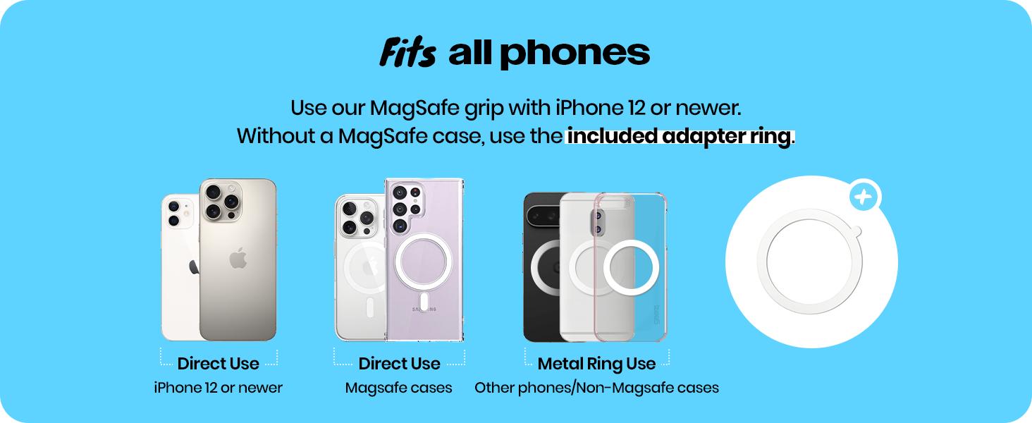 Cute Phone Grip Compatible with MagSafe Adapter Ring Included Magnetic Loop Grip and Phone Stand Cellphone Smartphone Wireless Charging Bracket Easy Install Secure Grip Hands-Free Use Pink Glitter