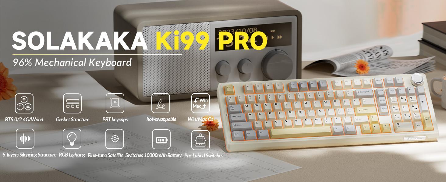 SOLAKAKA KI99 Pro 96% Wireless Mechanical Gaming Keyboard RGB Backlit Tri-Mode Hot-Swappable Gasket Structure Creamy Beige White for PC Laptop FallFreshness