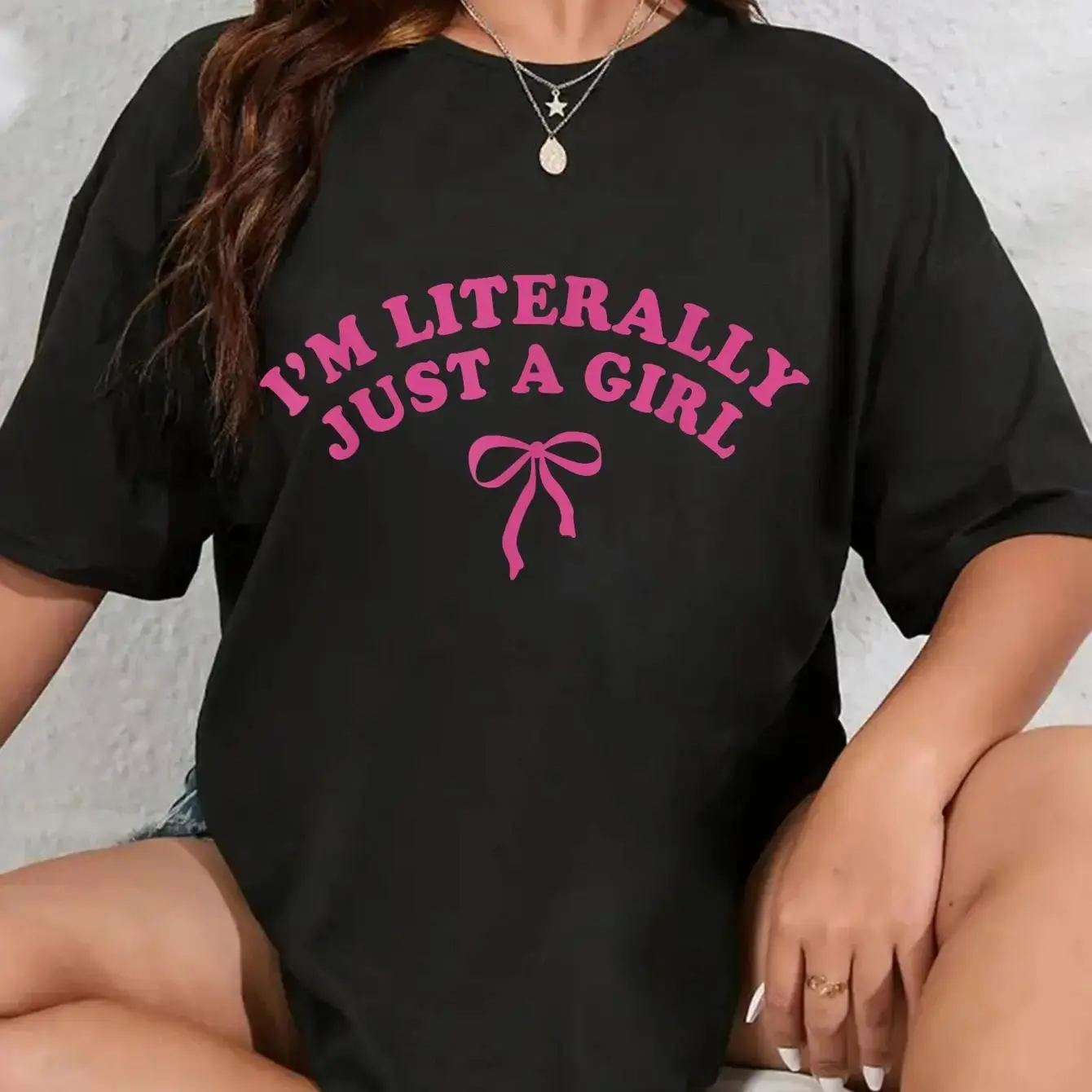Graphic T-Shirt "I'm Literally Just a Girl", Unisex Oversized Coquette Bow Style, 100% Cotton Casual Top