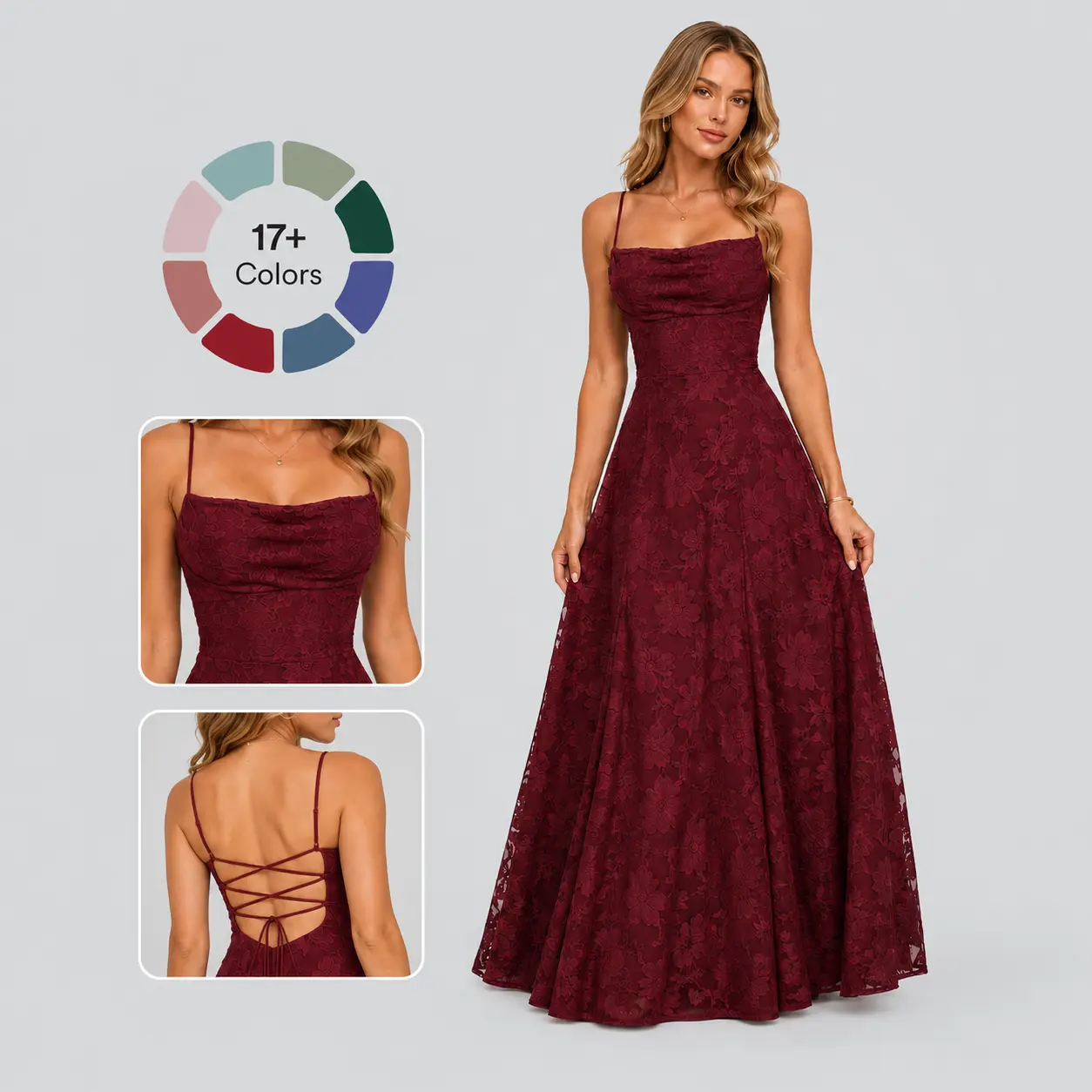 Burgundy Floral Lace Maxi Bridesmaid Dress Spaghetti Strap Cowl Neck Lace-Up Open Back Flowy Formal Gown Long Evening Wedding Guest Prom Dress Available In 17+ Colors For Women Wedding Party Cocktail Gala