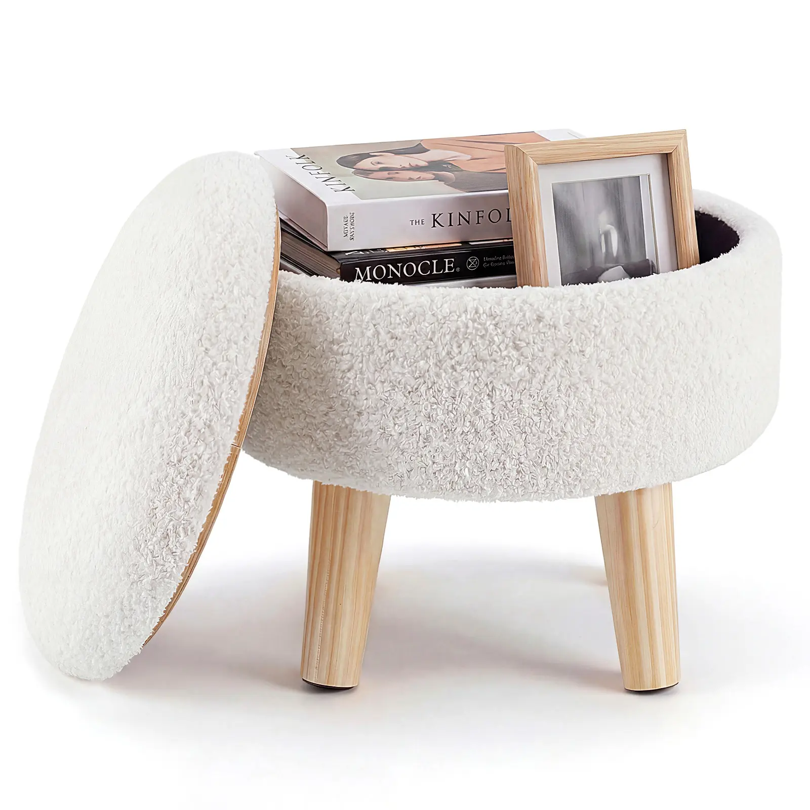 Round Storage Ottoman Foot Rest, Compact Boucle Upholstered Footstool with Hidden Storage, Padded Seat, Small Coffee Table for Living Room, Bedroom
