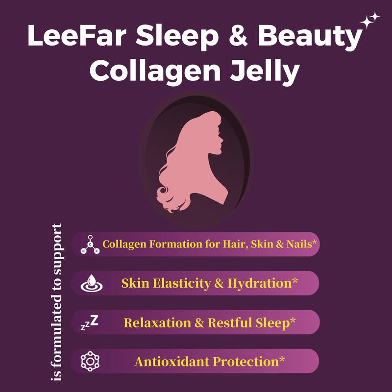 LeeFar Sleep & Beauty Collagen Jelly – 1800mg Bio-Peptides Collagen + Nighttime Blend | Magnesium Glycinate, L-Theanine, Hyaluronic Acid | Restful Sleep, Skin Elasticity & Hydration, Collagen Formation for Hair, Skin & Nails | Grape Flavor |15 Stick Packs LeeFar Sleep & Beauty Collagen Jelly – 1800mg Bio-Peptides Collagen + Nighttime Blend | Magnesium Glycinate, L-Theanine, Hyaluronic Acid | Restful Sleep, Skin Elasticity & Hydration, Collagen Formation for Hair, Skin & Nails | Grape Flavor |15 Stick Packs