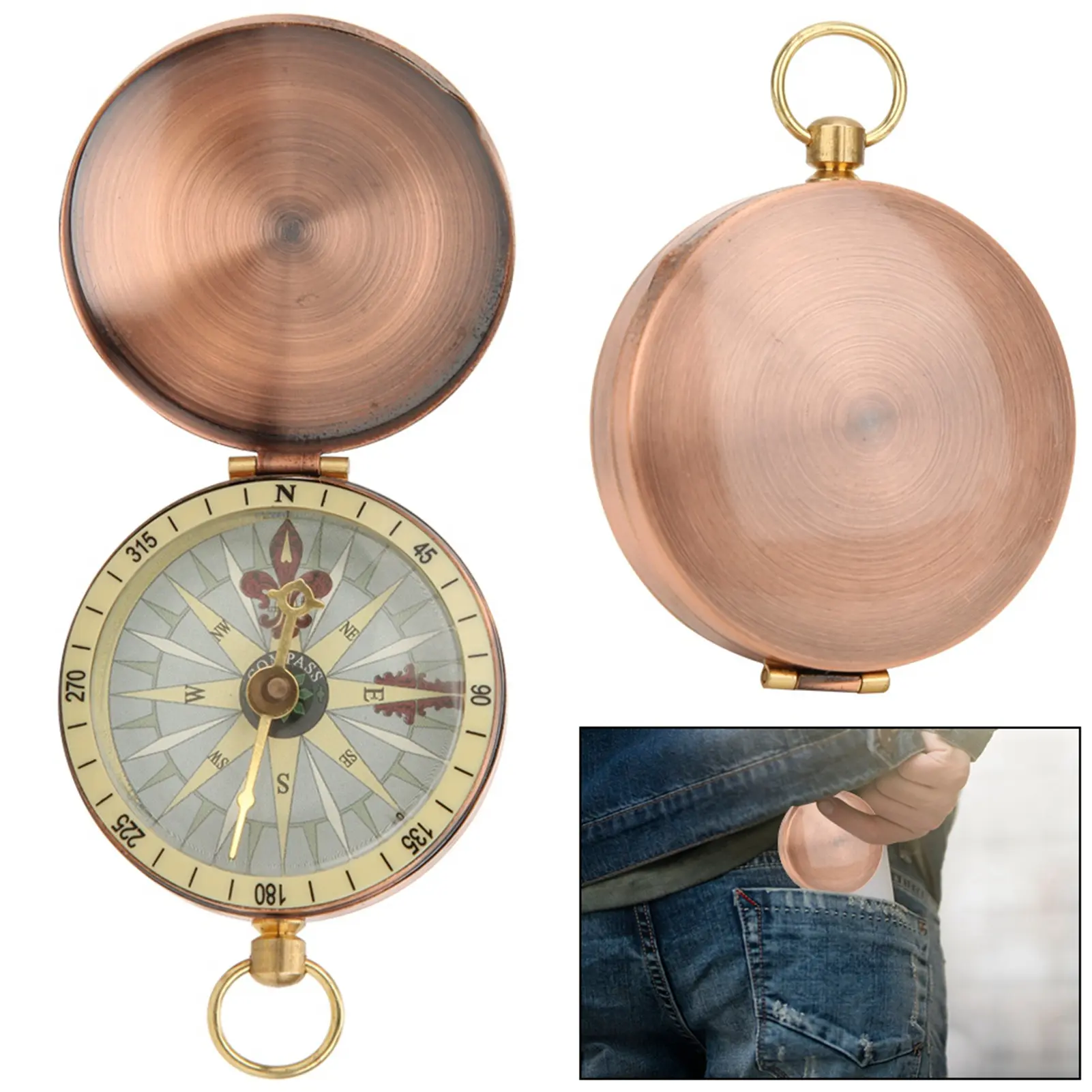 Vintage Copper Compass, Pocket Watch Style with Flip Cover, Portable & Compact 54g Unisex Tool for Hiking and Outdoor Activities, Copper Body, Hiking/Boating, Camping Accessories, Survival Gear