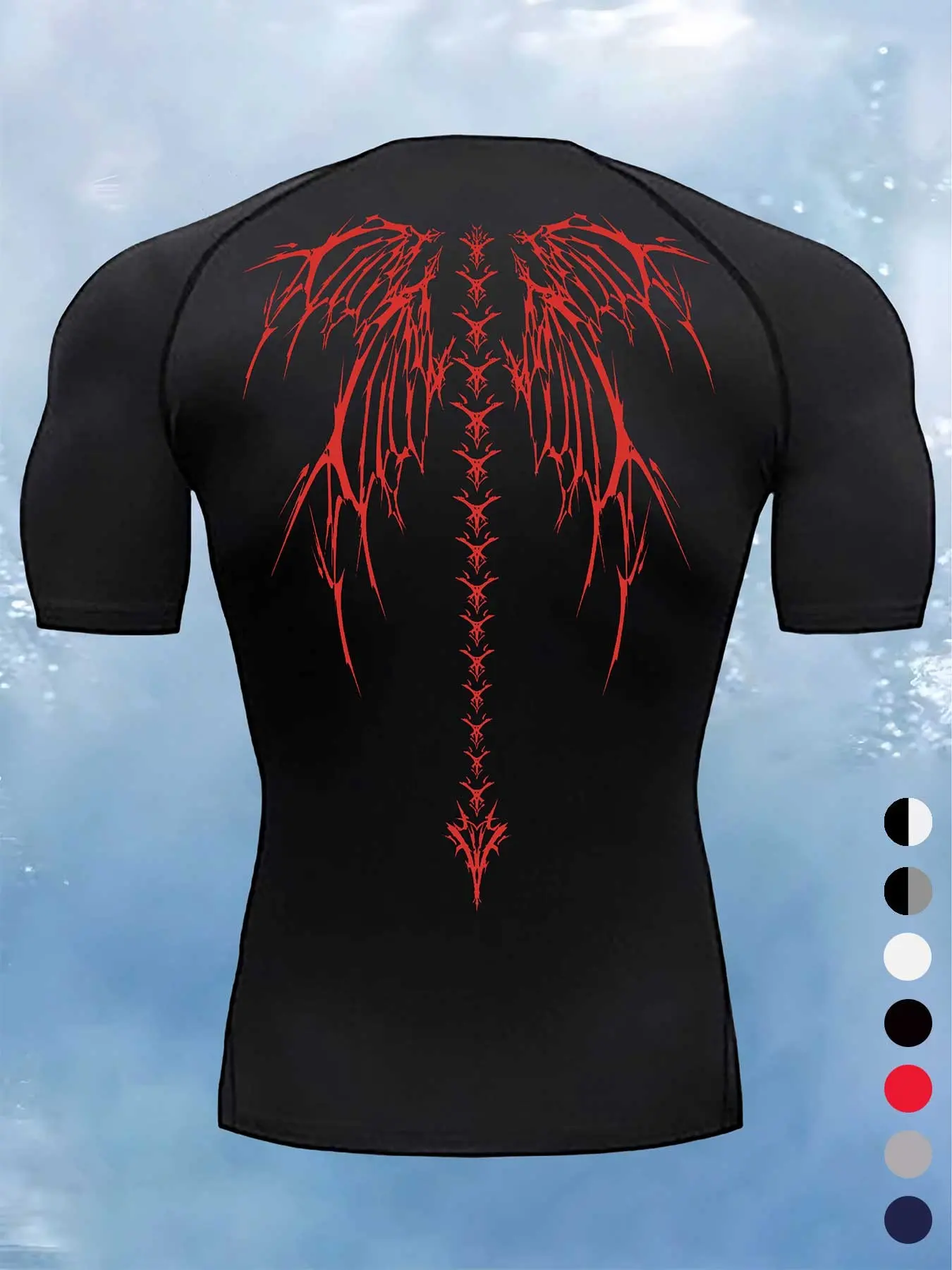 Men's Wing Print Compression Sports Tee, Quick Drying Breathable T-shirt for Summer, Comfy Men's Sportswear for Outdoor Gym Running Athletic Compression Shirts Fitness T Shirt Compression Tees
