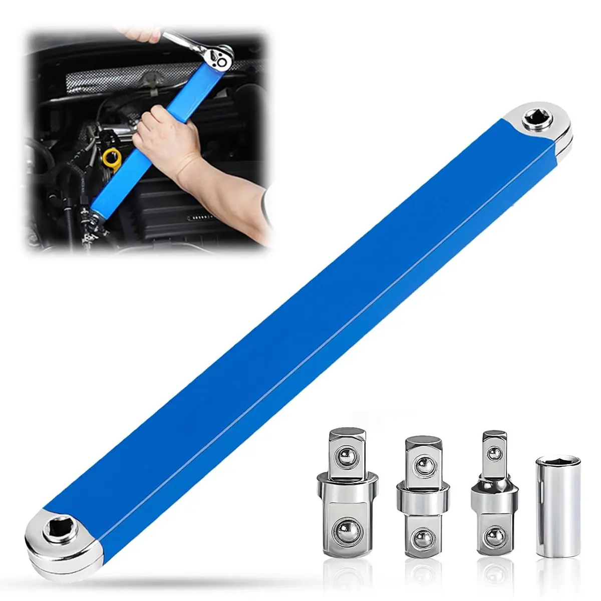 Upgraded Offset Extension Ratchet Wrenches Set - 15.4 in Tight Spaces Tool with 1/4", 3/8", 1/2" Square Drives, 4 Adapters, 0.63 in High Carbon Steel Construction, 0-Swing Arc Chain for Automotive Repair