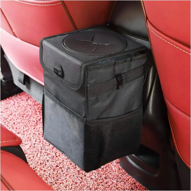6.5L Leakproof Waterproof Car Trash Bin with Lid - 6.3" L × 9.5" H × 6.1" W, Clip-In Bag System, Fold-Flat Compact Collapsible Automotive Interior Storage Organizer for Road Trips