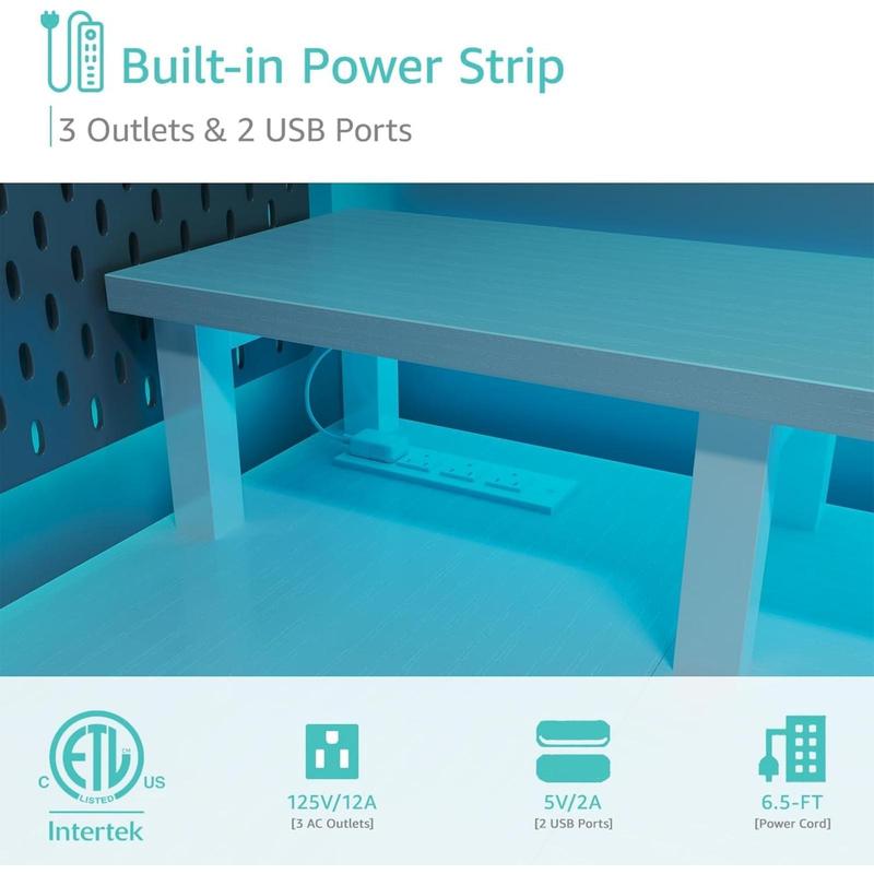 Lufeiya White L Shaped Gaming Desk with Fabric Drawers and Storage Shelves, 47 inch Home Office Desk with Monitor Stand, Computer Desk with LED Lights and Power Outlets, White, Get Free Gift