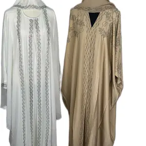Elegant White & Beige Lace Embroidered Abaya with Detailed Floral Patterns and Long Sleeves