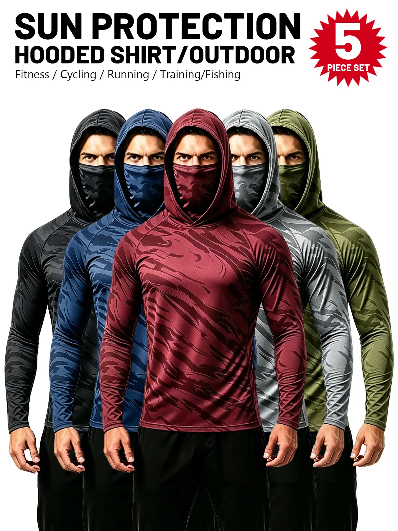 Men's 3/5/6-Pack UPF Sun Protection Compression Shirts, Slim Fit 4-Way Stretch Polyester Spandex Long Sleeve Hooded Tops with Attached Face Mask, Quick Dry Breathable Lightweight Cooling Activewear for Fishing, Construction