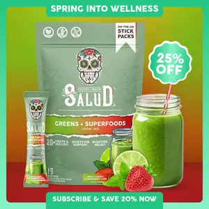 Salud 2-in-1 Greens Powder + Superfood Drink Mix Packets, 20+ Fruits and Veggies, Probiotics, Prebiotics, Supports Digestive Health, Bloating Relief, Vegan, Strawberry Lime (15 Servings) Edible