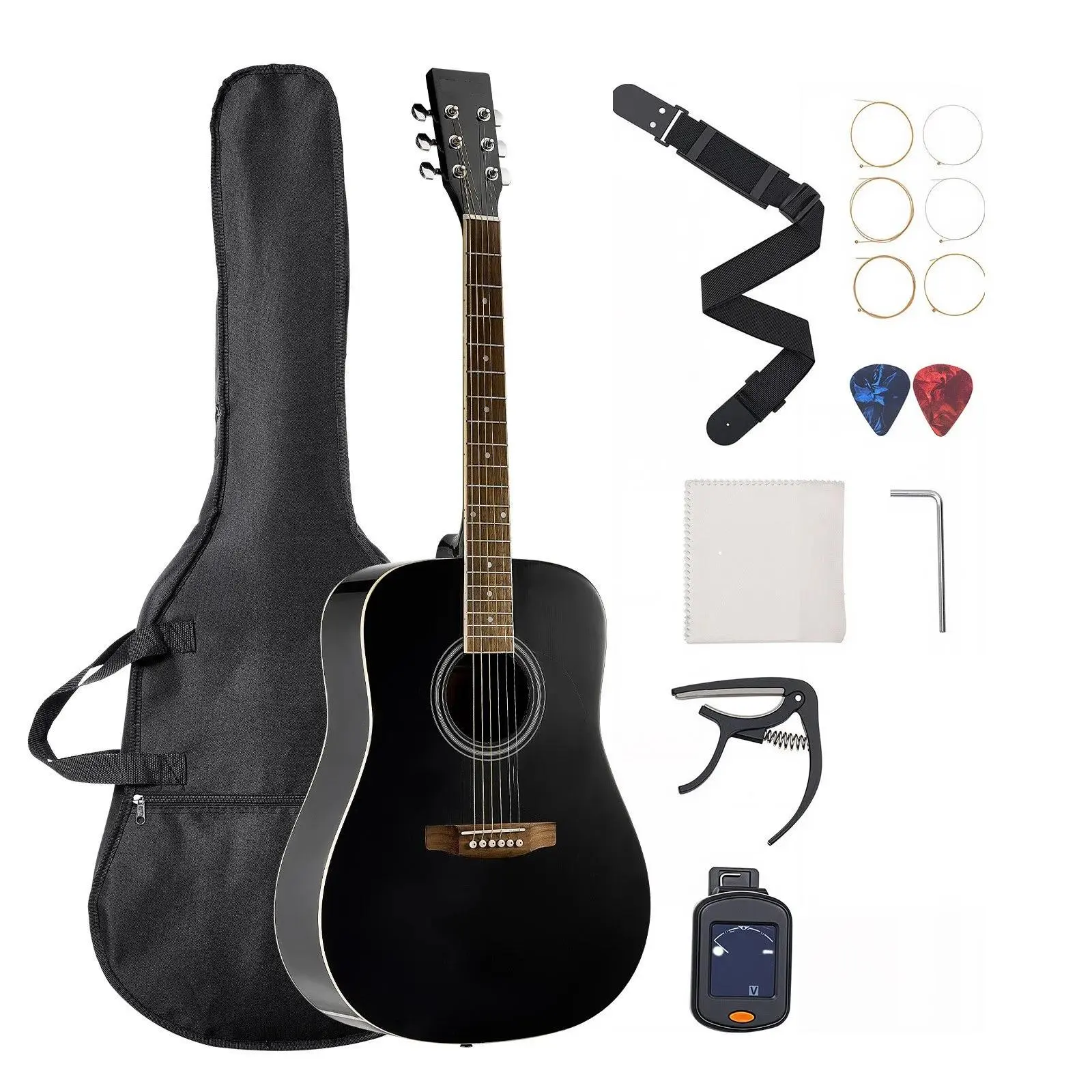 40-Inch Dreadnought Acoustic Guitar - 6-String, Sunburst Solid Spruce Top, Rosewood Fingerboard, Beginner Kit Bundle with Gig Bag, Digital Tuner, Strap, Steel Strings, Picks, Capo for Adults