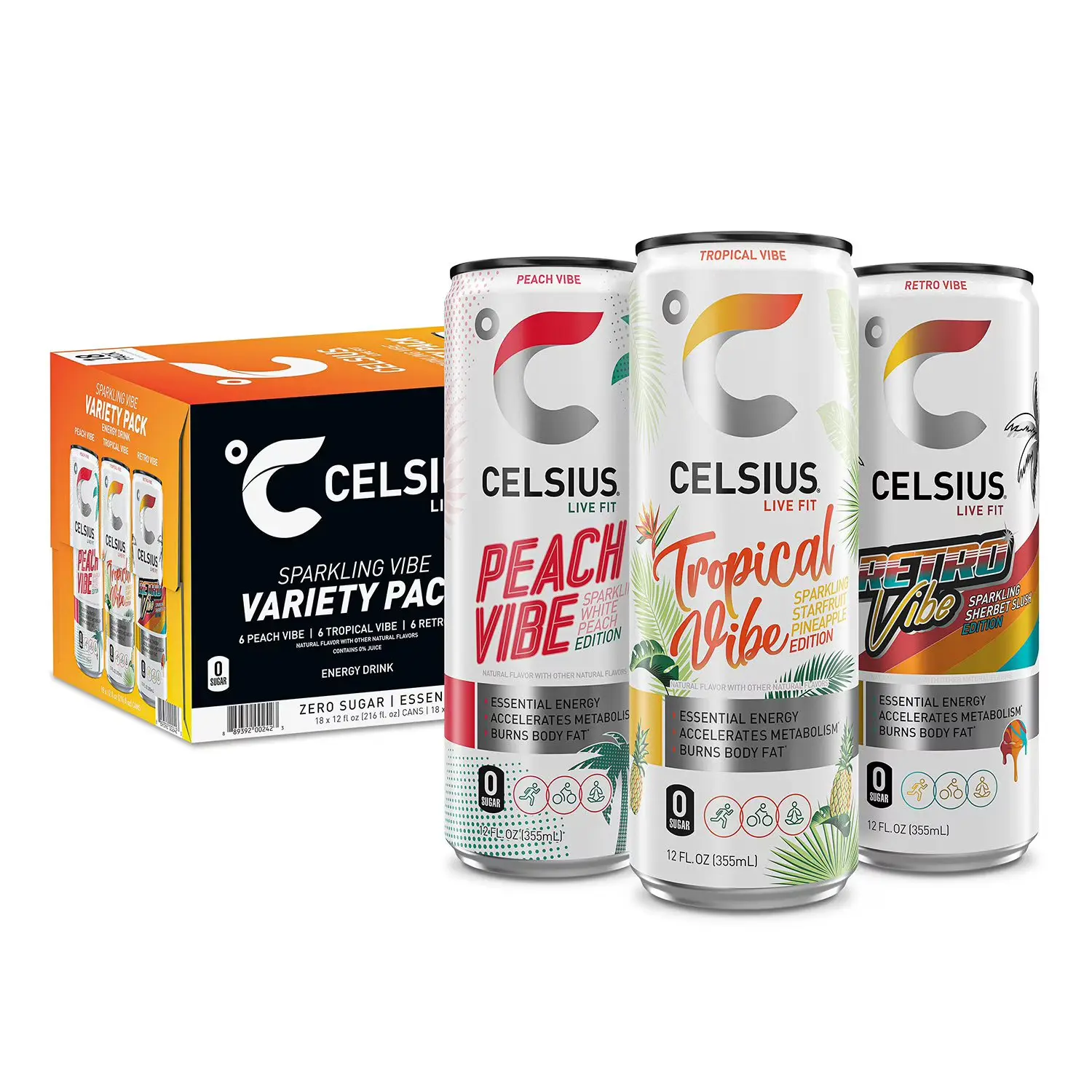 18 pack- New Celsius Live Fit Sparkling Vibe Variety Pack flavor- 12 fl. oz each Cans.