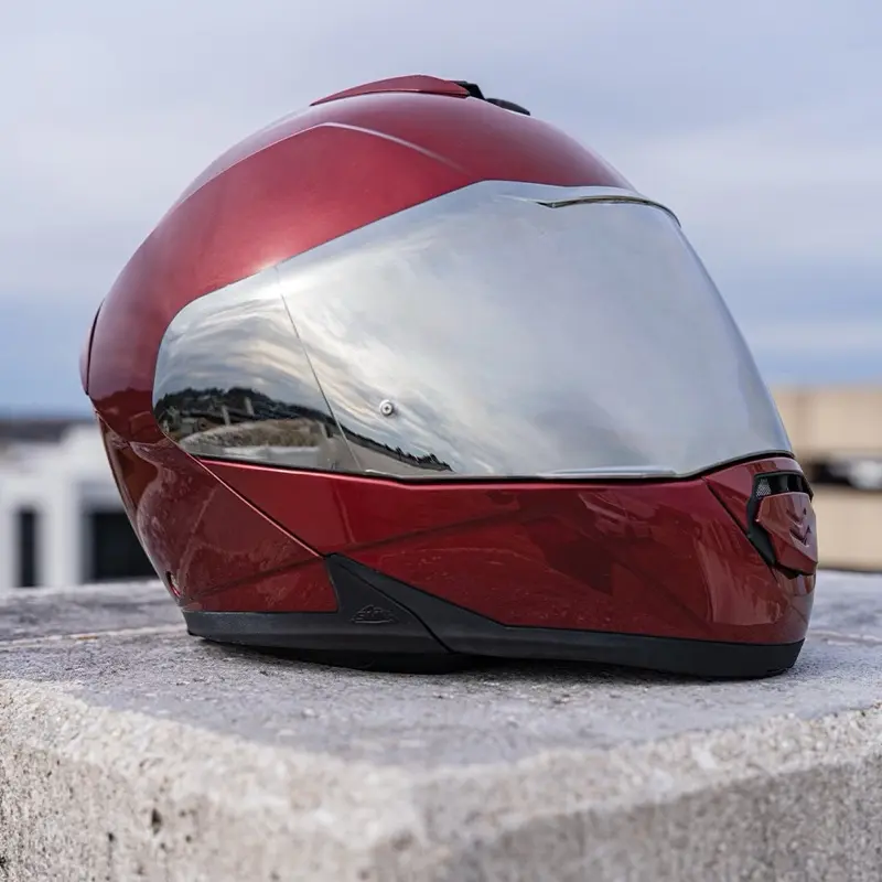 Daytona Detour Shield Outer Helmet with Chrome Visor and Red Body for Enhanced Safety and Style