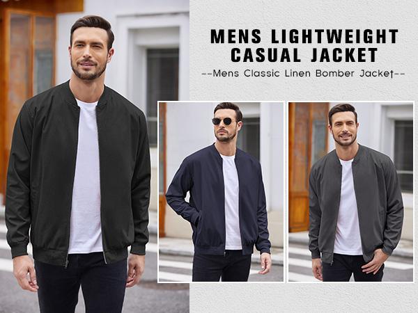 Coofandy Men's Olive Green Lightweight Bomber Jacket Premium Linen Fabric Casual Style Medium Size Rib Collar & Side Pockets Perfect for Spring Fall Winter