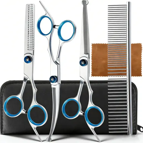 5 in 1 Premium Dog Grooming Scissors, Professional Dog Scissors for Grooming with Safety Round Tips, Stainless Steel Thinning Shears, Pet Cat Shears for Grooming Kit, Christmas Gifts, #summerwins