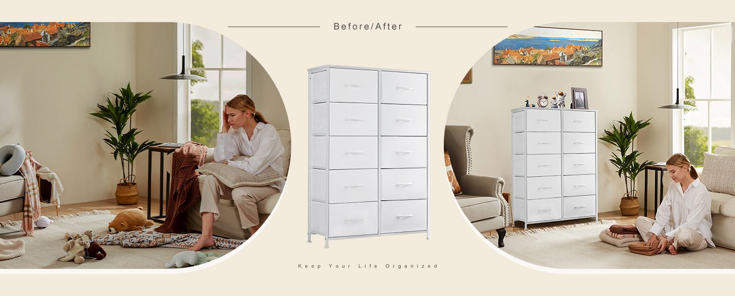 Tall Fabric Storage Tower Dresser with 10 Drawers and Wood Top for Bedroom