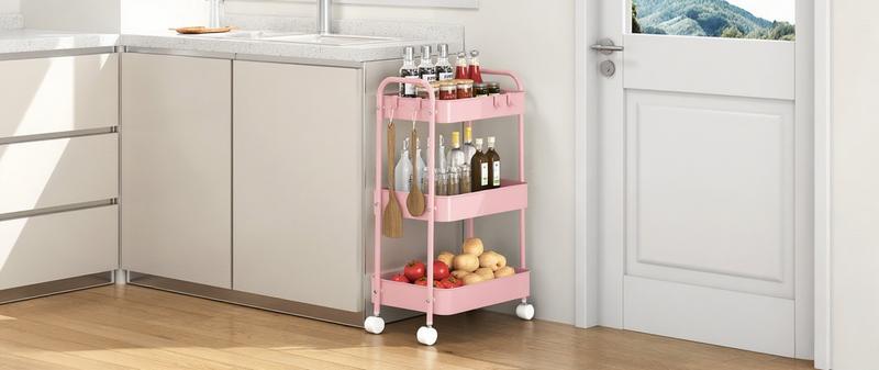 3 Tier Rolling Cart, Metal Utility Cart with 4 Hooks Storage Cart on Wheels Craft Cart with Handle for Organizer Storage for Classroom Office Dorm Home Pink
