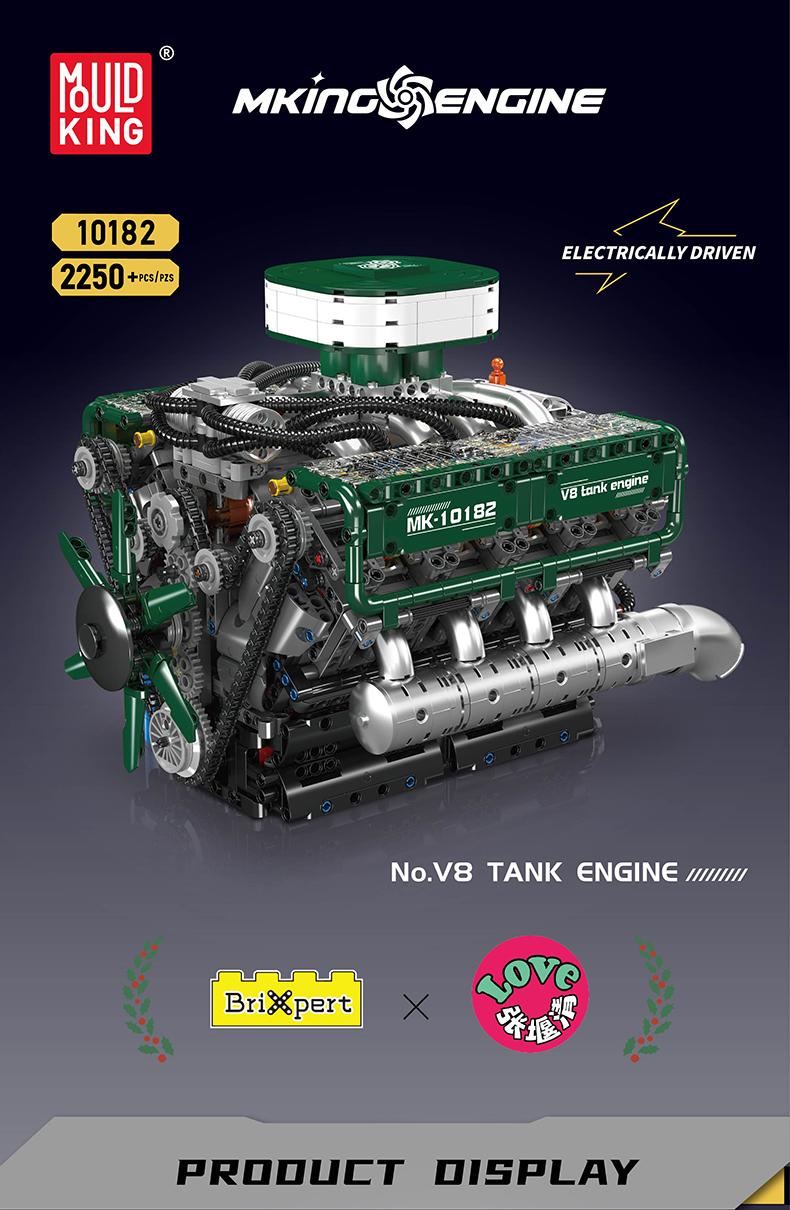 Mould King 10182 V8 Engine Double Turbo Eight Cylinder Green Model That Works Building Block Toy 2250 Pcs
