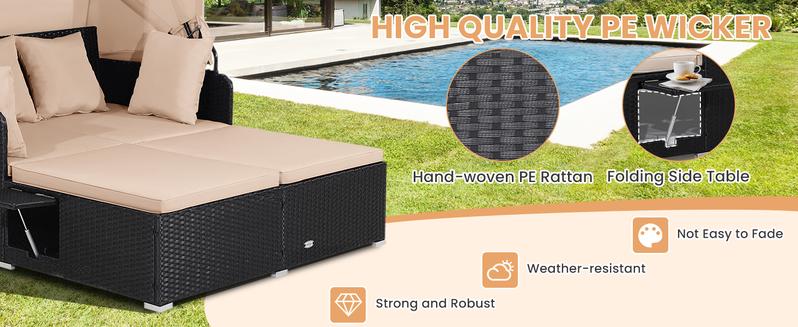 COSTWAY Outdoor Daybed, 2-Person Wicker Chaise Lounge with Retractable Canopy, Cushions & Pillows, 2 Side Trays, Patio Double Sofa PE Rattan Sunbed Lounger for Deck Poolside Garden Balcony