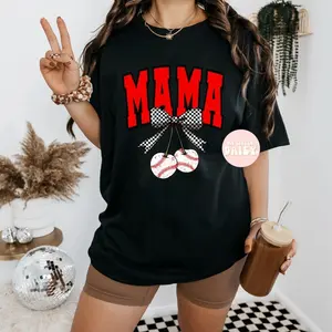 Mama baseball cherries and checkered bow shirt/sweatshirt H5J5