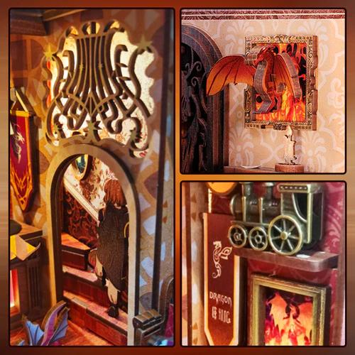 CUTEBEE Flame Common Room Black Friday DIY 3D Book Nook Kit  Miniature Magic House Dollhouse with LED Light Handmade Creative Toy for Teens and Adults Holiday Christmas Gift Bookshelf Decor