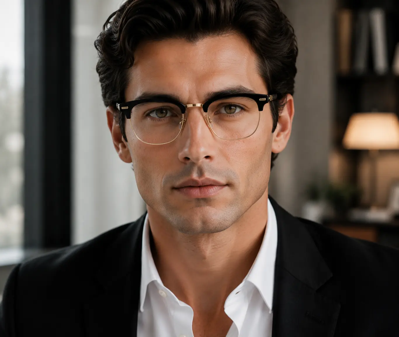 Men’s Luxury Browline TAC Blue Light Blocking Semi-Rimless Business Square Frame Glasses - Classic Black Gold Trendy Frame, Lightweight Classic Fashion Accessory for Work & Daily Wear