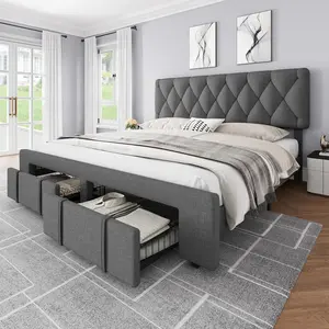 Queen Bed Frame,Upholstered Platform Bed Frame with Storage Drawers,Mattress Foundation with Solid Wooden Slats Support,No Box Spring Needed,Grey