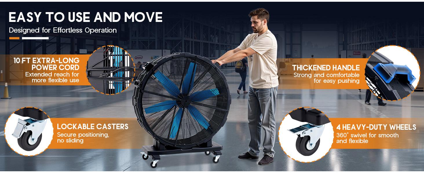 [Ships in 2 Boxes] VanAcc Industrial Drum Fan,  42 inch 550W, 48 inch 750W Plastic High Velocity Floor Fan with Wheels and 3 Speed, Air Flow 12,950/17,660 CFM, Ideal for Commercial, Garage, Warehouse, Workshop, Factory