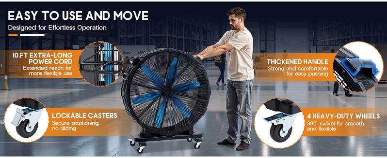 [Ships in 2 Boxes] VanAcc Industrial Drum Fan,  42 inch 550W, 48 inch 750W Plastic High Velocity Floor Fan with Wheels and 3 Speed, Air Flow 12,950/17,660 CFM, Ideal for Commercial, Garage, Warehouse, Workshop, Factory