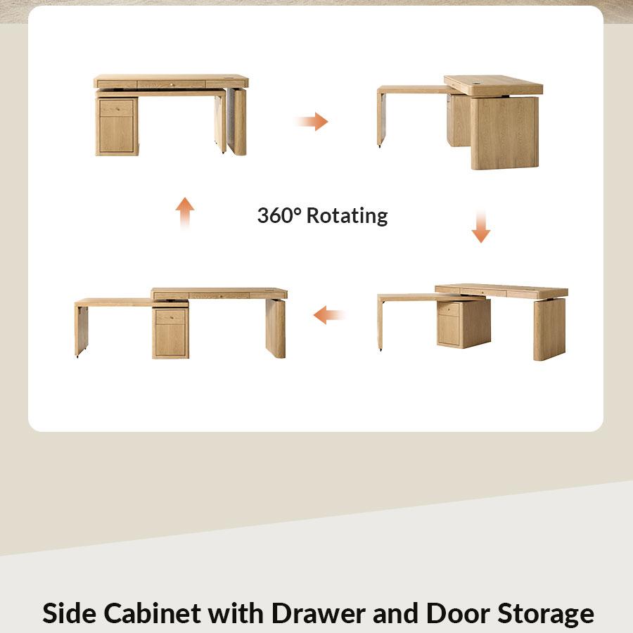 HULALA Veritas Home Office 360-Degree Rotating Desk with Flip-Top Lid Electric Height-Adjustable Design Side Cabinet Drawers Storage L Shaped Wood Finish Ergonomic