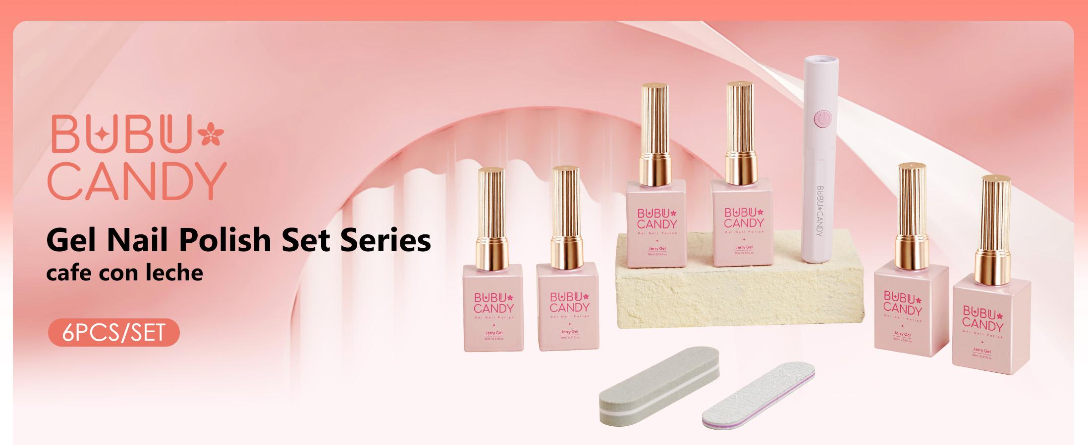 BUBU CANDY 6pcs 15ml Gel Nail Polish Set with LED Light Rubbing Strips Non Toxic Vegan Kit for Cuticles DIY Nails Honey Cocoa Amber Powder Ice Crystal White Mocha Powder Lotus Root Starch