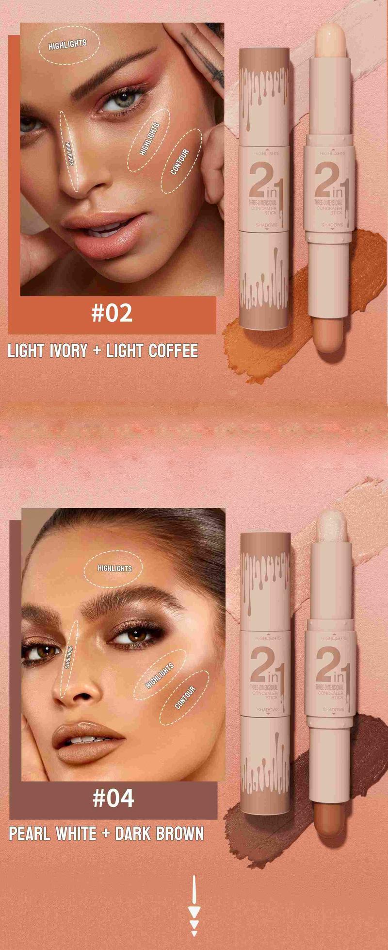 2-IN-1 Dual-End Highlight & Contour Stick, Three-Dimensional Shaping, Easy to Use & Portable, Brightens & Defines, Waterproof & Easy to Remove, Long-lasting, Smooth Creamy Blendable Formula, Natural Buildable Coverage, For All Skin Types