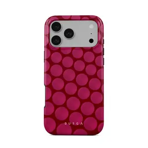 Burga RESET BUTTON iPhone Case - Luxury High-Gloss Tough Case for iPhone 17 16 15 14 13 12 11 Pro Max - Premium Shockproof Deep Red & Hot Pink Polka Dot Cover + Free Gift - Gift for Her