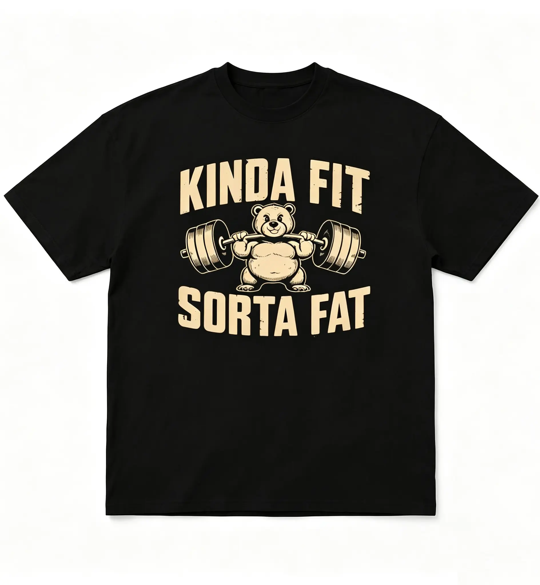 100% Cotton Oversized Heavyweight Round Neck Short-Sleeve Gym Graphic Tee - Funny Weightlifting Bear Design, Casual Streetwear Top for Unisex Men Women, Cute Kinda Fit Sorta Fat Style