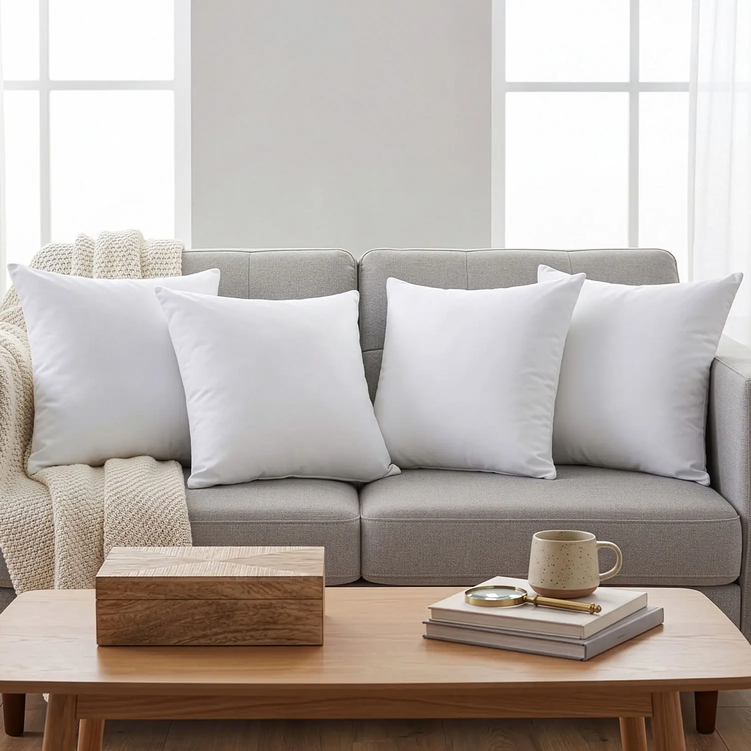 Knitin 4-Pack White Cushions - Throw Pillows, Soft Cozy Fluffy Cushion Inserts -Hypoallergenic Filled Square Lightweight Stuffer Pillows for Living Room Bedroom, Home Decor 100% Polyester Microfiber Fabric