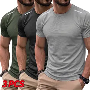 Men’s 3-pack casual lightweight solid-color moisture-wicking breathable crewneck T-shirts; casual short-sleeve pullover shirts that are soft, comfortable, breathable, quick-drying, and moisture-wicking—suitable for everyday wear, travel, leisure, workouts