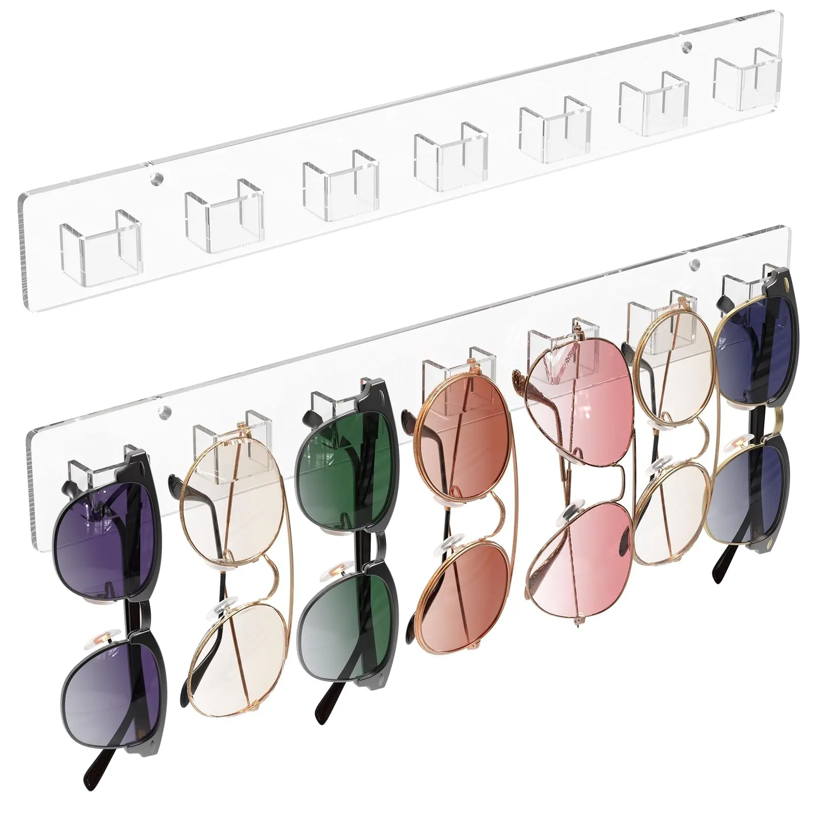 Sunglasses Organizer 2 Pack, Wall-Mounted Eyeglasses Holder, Clear Acrylic Display Rack with 14 Slots, Ideal for Home and Office Storage