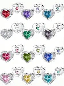Birthstone Heart Charm Collection, 925 Sterling Silver, 12-Month Birthstone Options, Engraved Month & Meaning, Clear Border for Bracelets, Birthday Gifts & Personalized Jewelry, Silver