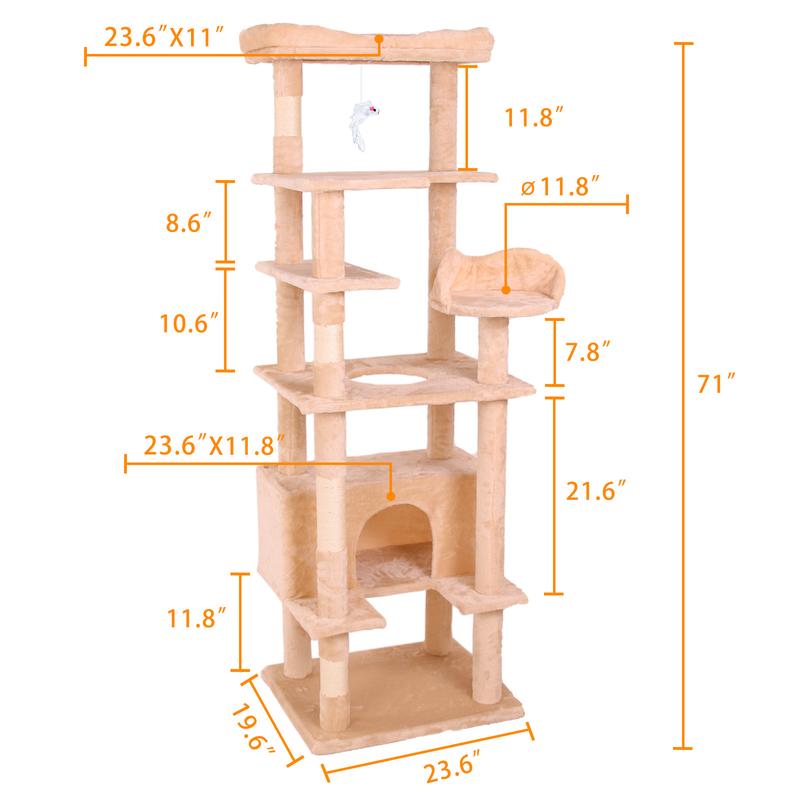 PINGO HOME Cat Tree Tower with Multiple Levels, Sisal Scratching Posts, Large Condo, Climbing Ladder, and Plush Toys for Indoor Kittens - Pink Color