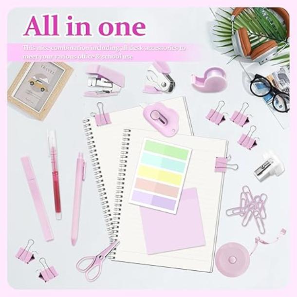 [New Deal] Mini School Supplies Kit, Pink Mini Stapler with Staples and Tape Dispenser Set, Mini Stationary Set Includes Sticky Notes Index Tabs Highlighters Gel Pens for Office & Back to School Supplies Art Materials