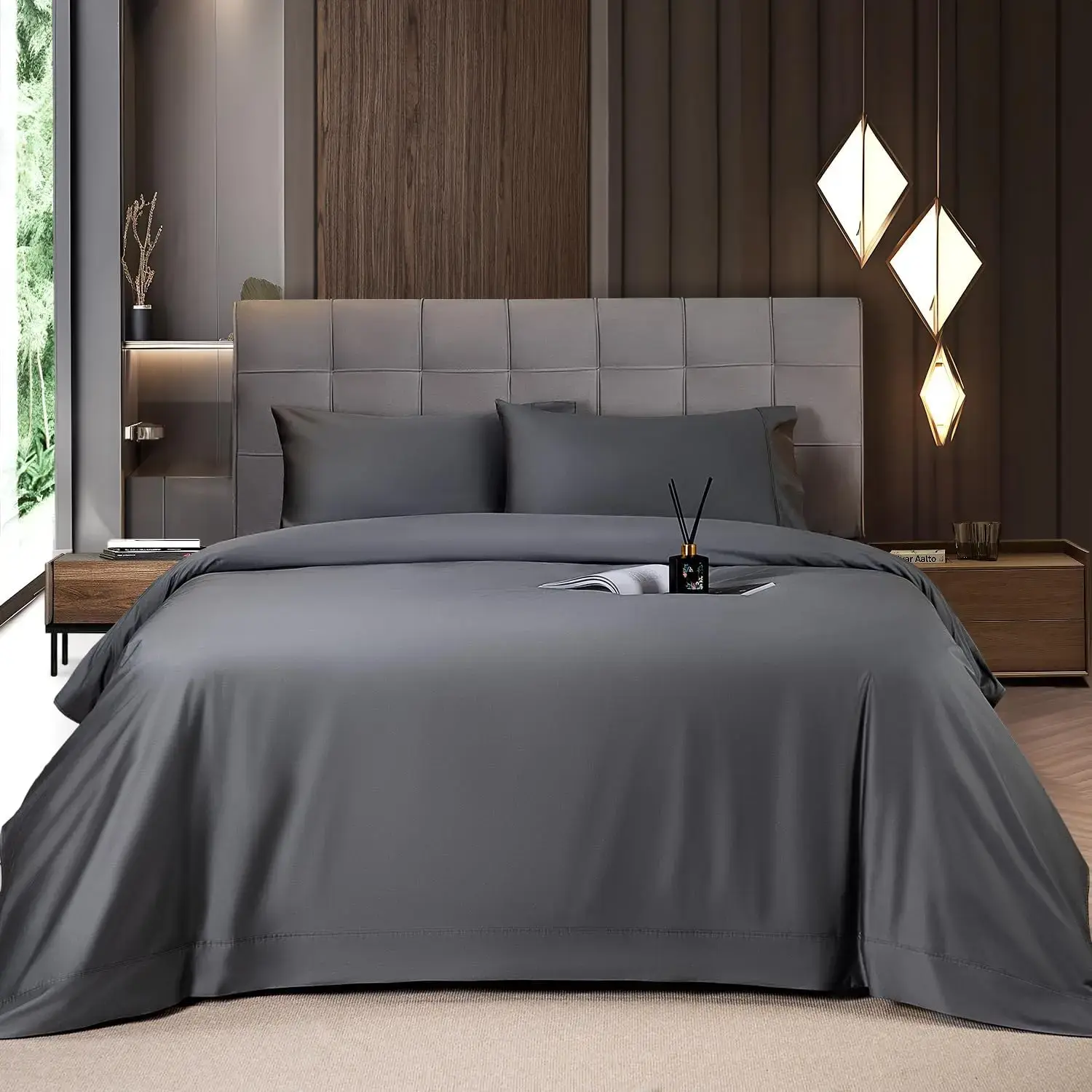 Shilucheng Bamboo Sheet Set - 4/6 Pc Bedding Set with 16'' Deep Pocket Lightweight, Twill, Smooth Fitted Sheets, Cooling Breathable, Hotel Luxury Super Silky Soft, Wrinkle & Fade Resistant,Summerwins
