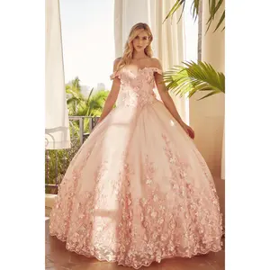 Juliet 1434 3D Floral Applique Off Shoulder Lace-Up Corset Quinceanera Dress