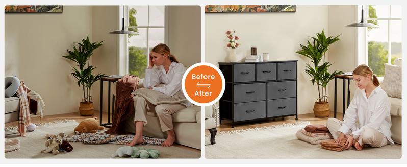 【Deal】Sweetfurniture Dresser for Bedroom, Storage Drawers, TV Stand Fabric Storage Tower with 7 Drawers, Chest of Drawers with Fabric Bins