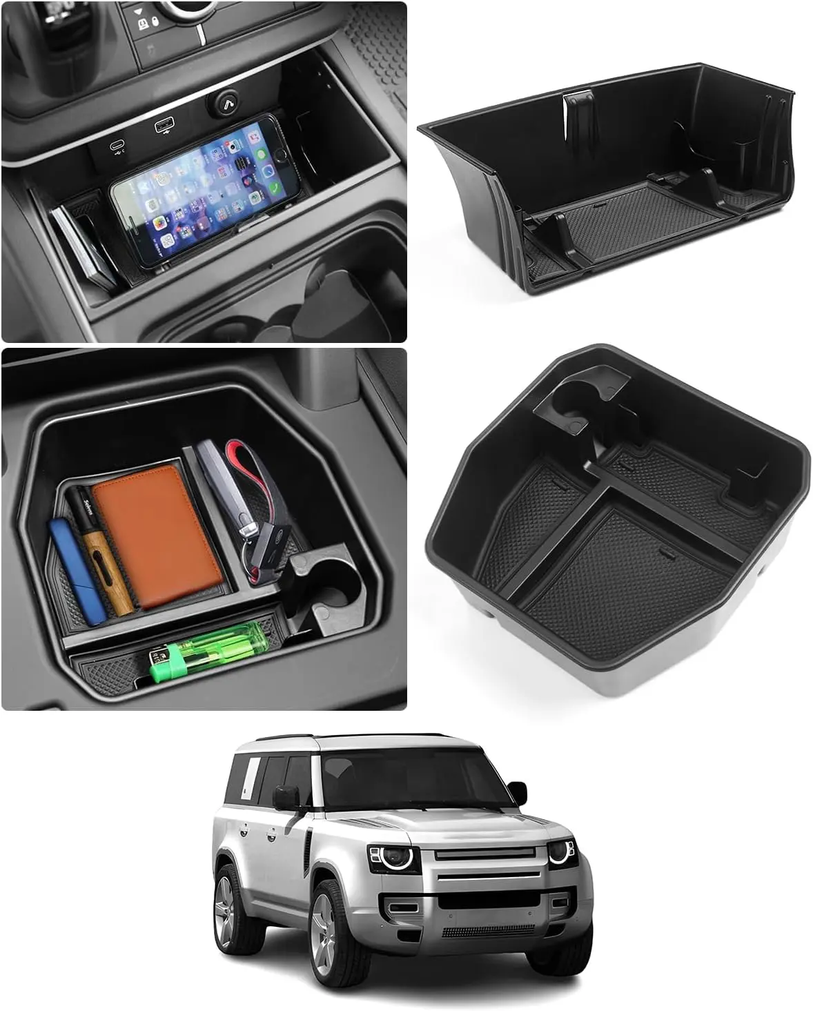 2PCS Center Console Organizer for Land Rover Defender 2020-2025 Accessories 90 110 130 (NOT for Refrigerator Version), Durable ABS Middle Console Tray & Armrest Storage Box Insert Tray