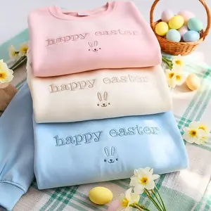Happy Easter Day Embroidered Sweatshirt, Easter Bunny Embroidered Crewneck Shirt, Embroidered Easter Cute Bunny Shirt, Easter Gift,Cute Bunny Easter Crewneck Pullover,Pastel Spring Holiday Sweater with Minimalist Bunny Design,Gift for Women Friends Family