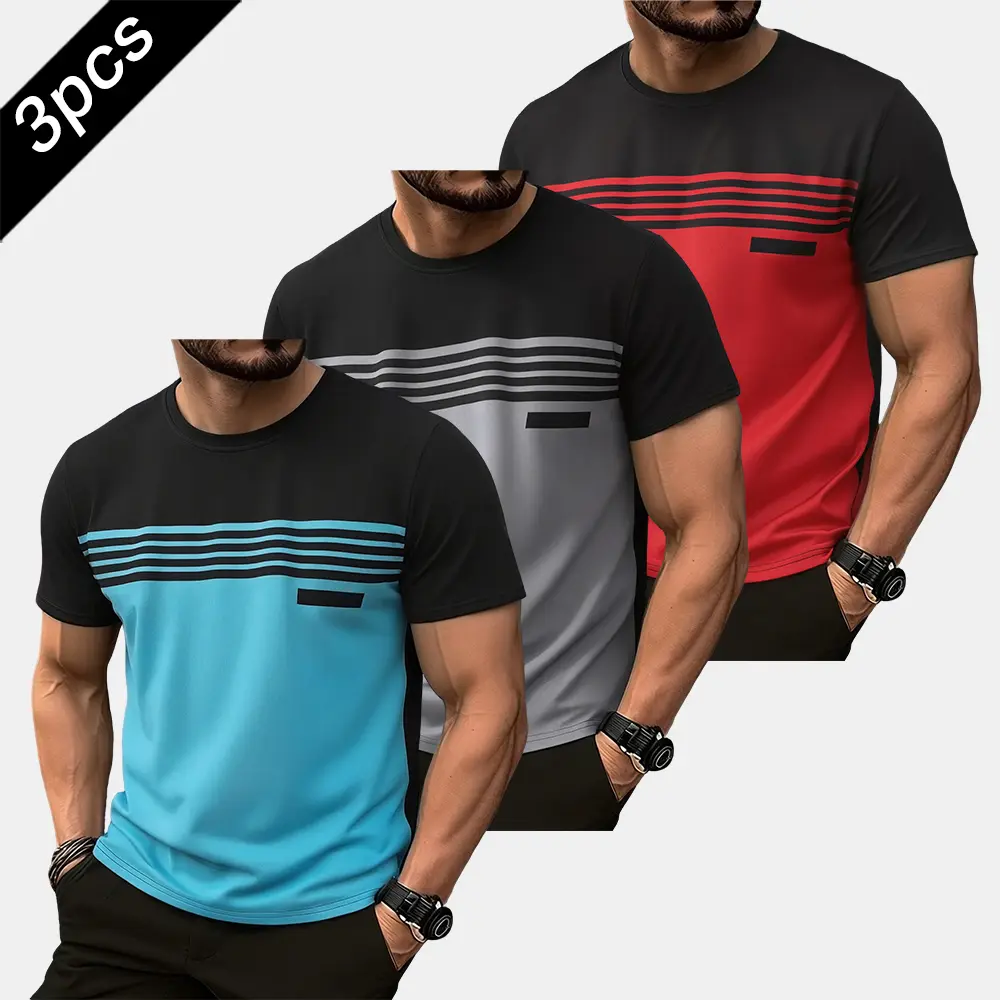 3-Pack Men’s light athletic color-block striped T-shirt, smooth fabric, slim fit, gym-to-coffee casual style