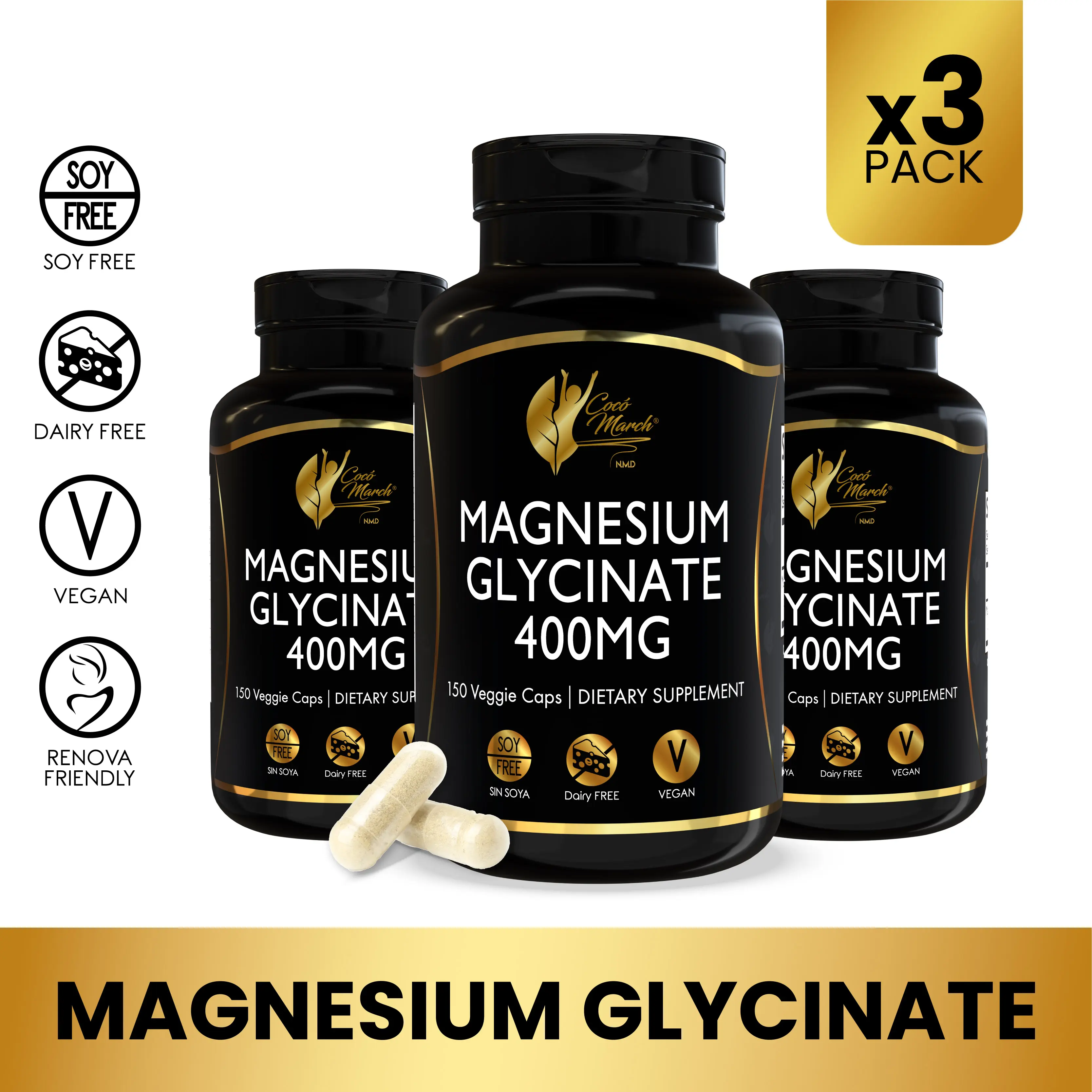 3 Pack of Cocó March N.M.D Magnesium Glycinate 400mg - 450 Vegan Capsules per Pack- 90-Day Supply - Gentle Digestion & Optimal Absorption - Vegan Friendly - US Made