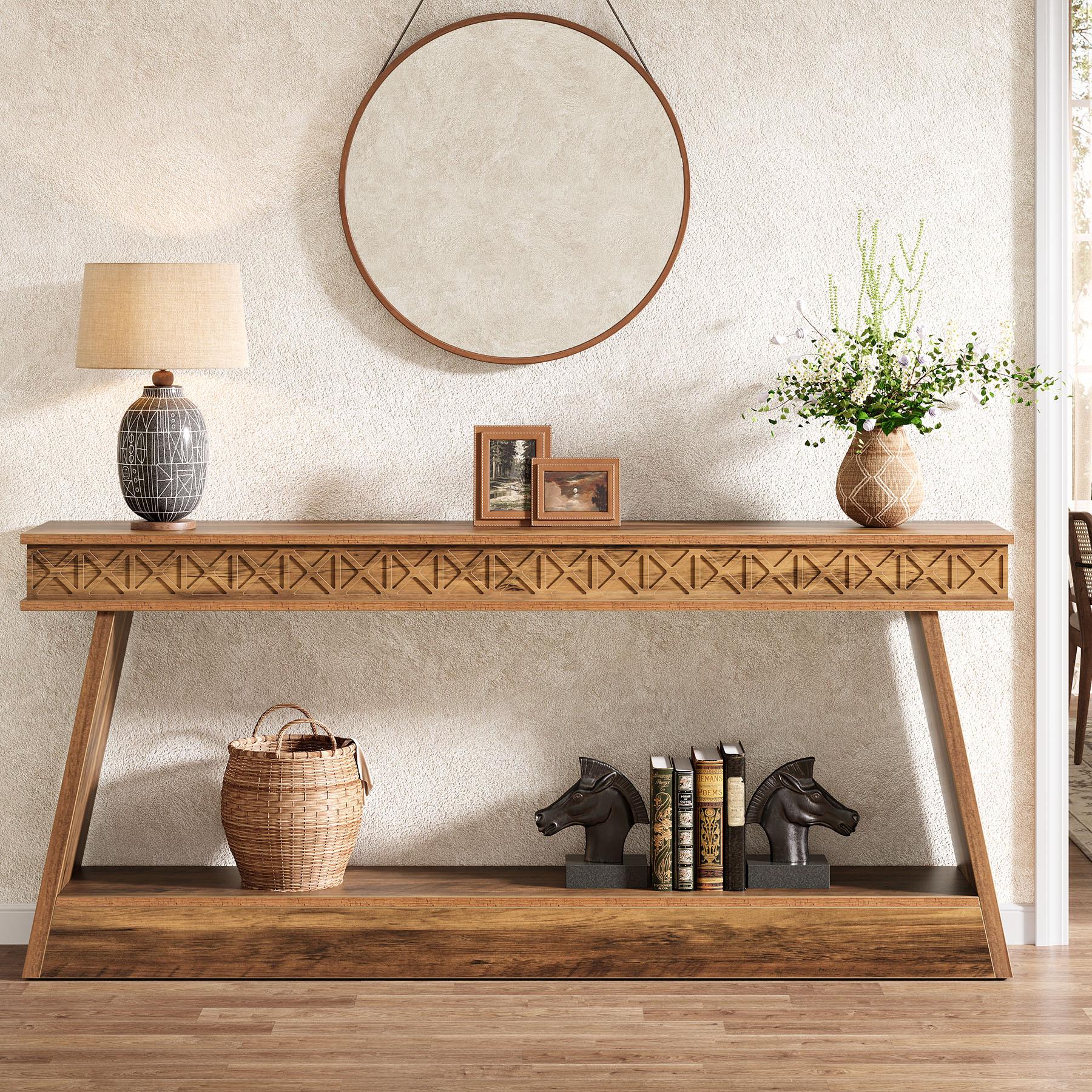 LITTLE TREE Farmhouse Console Table, 71-Inch Extra Long Entryway Table with Storage, 2-Tier Narrow Sofa Table Behind Couch, Wooden Accent Table for Living Room, Hallway, Foyer LITTLE TREE Farmhouse Console Table, 71-Inch Extra Long Entryway Table with Storage, 2-Tier Narrow Sofa Table Behind Couch, Wooden Accent Table for Living Room, Hallway, Foyer