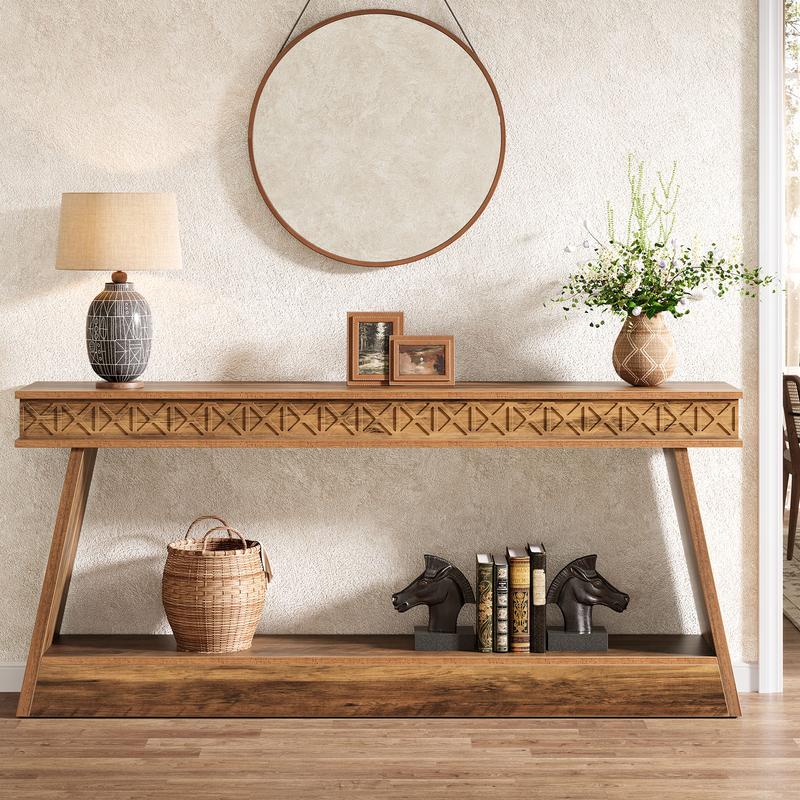 LITTLE TREE Farmhouse Console Table, 71-Inch Extra Long Entryway Table with Storage, 2-Tier Narrow Sofa Table Behind Couch, Wooden Accent Table for Living Room, Hallway, Foyer